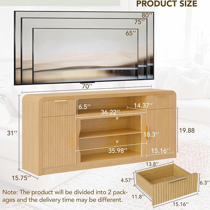 Decofy 70" Fluted TV Stand, Entertainment Center for 80" TVs, Mid Century Modern TV Console Cabinet with Wavy Grain Doors & Adjustable Shelves, Modern Media TV Console Table for Living Room (Oak) - Image 7