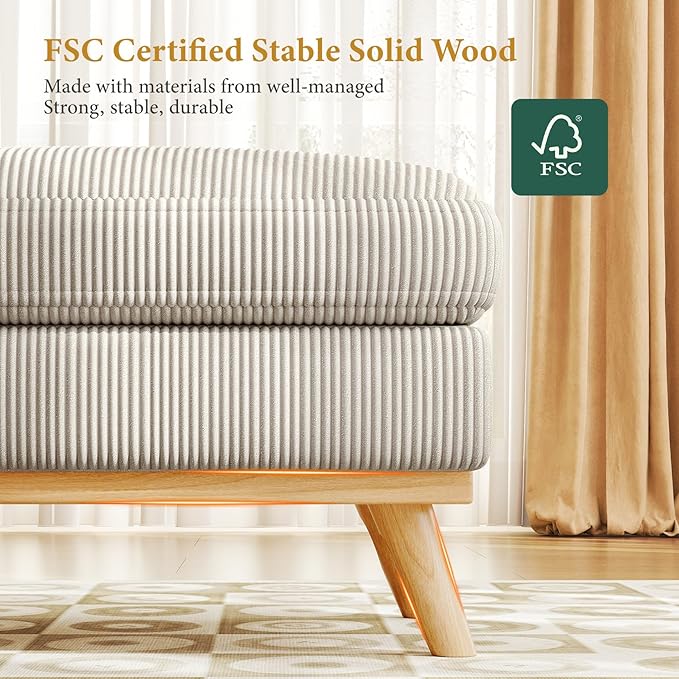 Vesgantti Large Ottoman for Modular Sofa, 29.5" Corduroy Ottoman with Spring Cushion, Rectangle Foot Rest for Couch, Entrance Footstool with Wood Legs, Footstool for Living Room, Bedroom, Light Gray