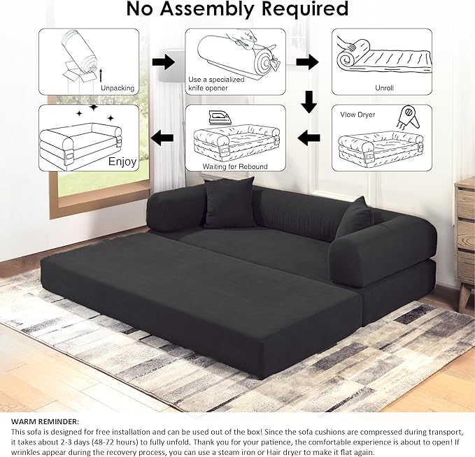 80" Convertible Sofa Bed, 3-in-1 Corduroy Folding Pull Out Couch with Pillows, No Assembly Modern Boneless Couch Compression Sofa in Box, Floor Sofa with Side Storage Pocket for Living Room,Dark Grey