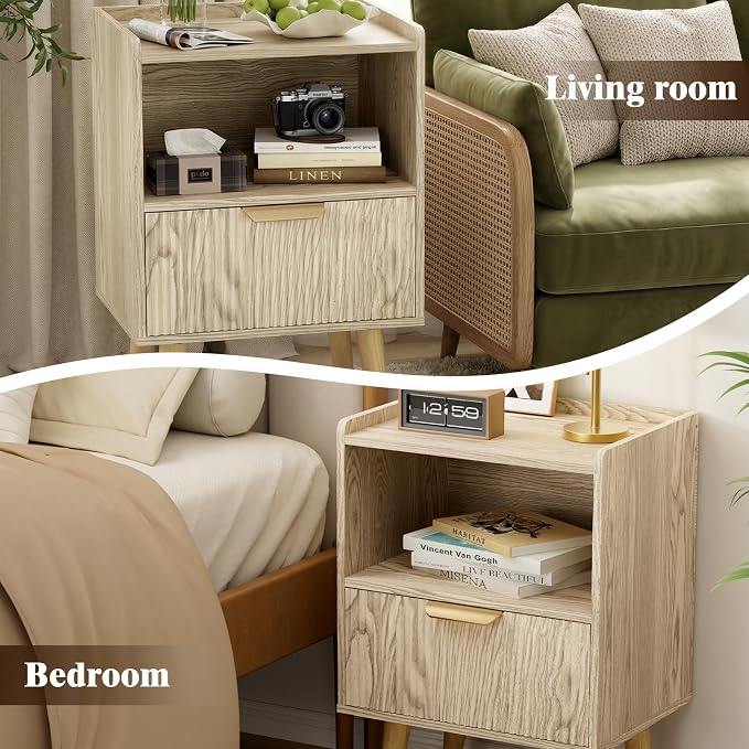 Apicizon Modern Nightstand with Storage Drawer and Open Wood Shelf, Fluted Night Stand with Solid Wood Legs, Bedside Table for Bedroom,Small Spaces, Easy Assembly, Natural - Image 8