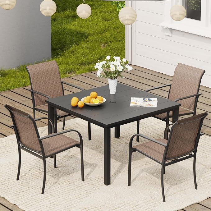 VICLLAX 5 Pieces Patio Dining Set, Patio Furniture Set of 4 Patio Stackable Dining Chairs and Outdoor Metal Square Table with Umbrella Hole for Backyard Lawn Garden, Brown Chairs and Black Table by HOME