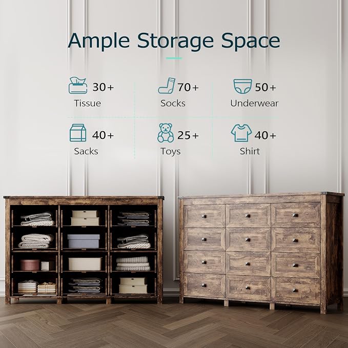 Dresser for Bedroom with 12 Drawers, Farmhouse Wood Chest of Drawers, Wide TV Stand Closet Storage Furniture with Metal Handle, Modern Clothes Organizer for Hallway, Living Room, Entryway, Brown - Image 4
