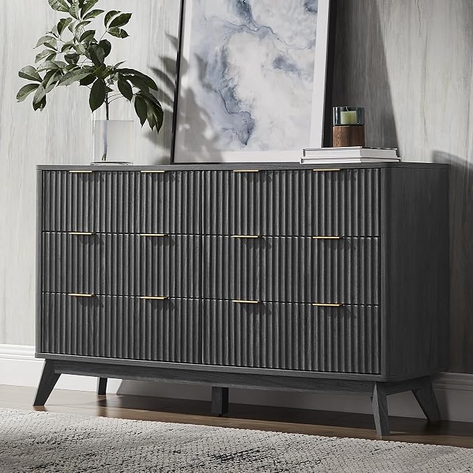 T4TREAM Fluted 6 Drawers Dresser, 54" Wide Modern Chest of Drawers, Curved Profile Design, Dresser TV Stand, Wood Drawer Organizer for Bedroom, Living Room, Hallway, Dark Alder by T4TREAMFurniture