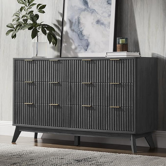 T4TREAM Fluted 6 Drawers Dresser, 54" Wide Modern Chest of Drawers, Curved Profile Design, Dresser TV Stand, Wood Drawer Organizer for Bedroom, Living Room, Hallway, Dark Alder by T4TREAMFurniture
