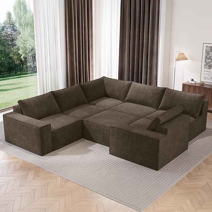 Vesgantti 143.7" Boneless Couch for Living Room, 6 Seater Modular Sectional Sofa with Ottoman & Deep Seat, Convertible Chenille Oversized Cloud Couches, No Assembly Required, Dark Brown