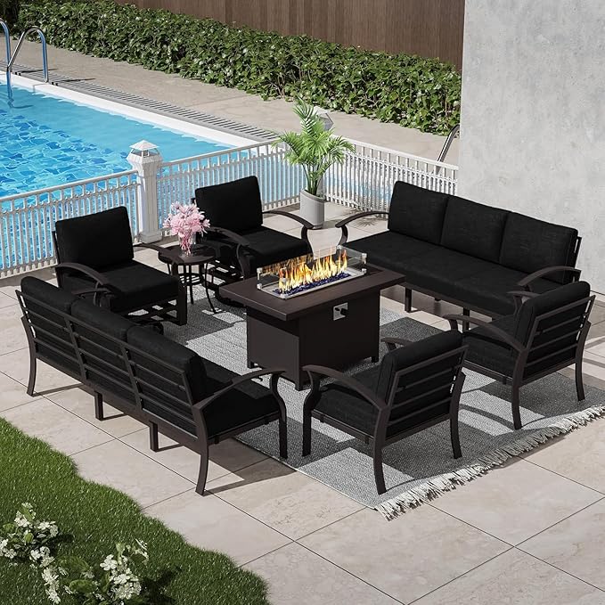Patio Furniture Set 10 Seats Aluminum Armrest Sofa, Modern Outdoor Living Room Set with 55000 BTU Propane Aluminum Fireplace, Outdoor Rotary Joystick with Thick Cushion
