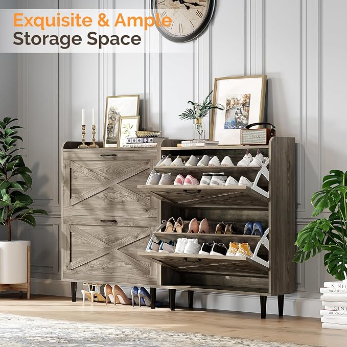 VINGLI Shoe Storage Cabinet for Entryway with 2 Flip Drawers, Ultra Slim Freestanding Entryway Shoe Organizer with Wood Tapered Legs,Hidden Closed Shoe Rack,31.6" W * 9.4" D * 39.4" H, Grey Oak - Image 5
