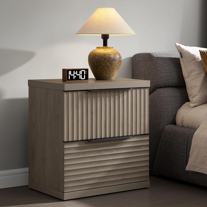 SICOTAS Large Night Stand - 22 Inch Wide Nightstand with 2 Storage Drawers, Modern Fluted Bedside Tables for Bedroom, Tall Nightstands Mid Century Bed Side End Table, Grey Alder by SICOTAS