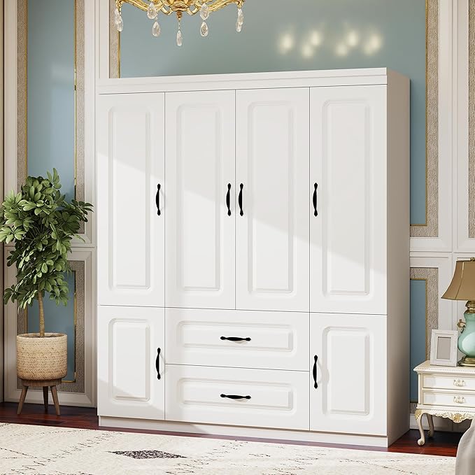 GraceGrove Armoire Wardrobe Closet with 4 Doors Armoires and Wardrobes with 2 Drawers,Tall Cabinet Wardrobe Cabinet with Hanging Rail and Metal Handle for Bedroom White