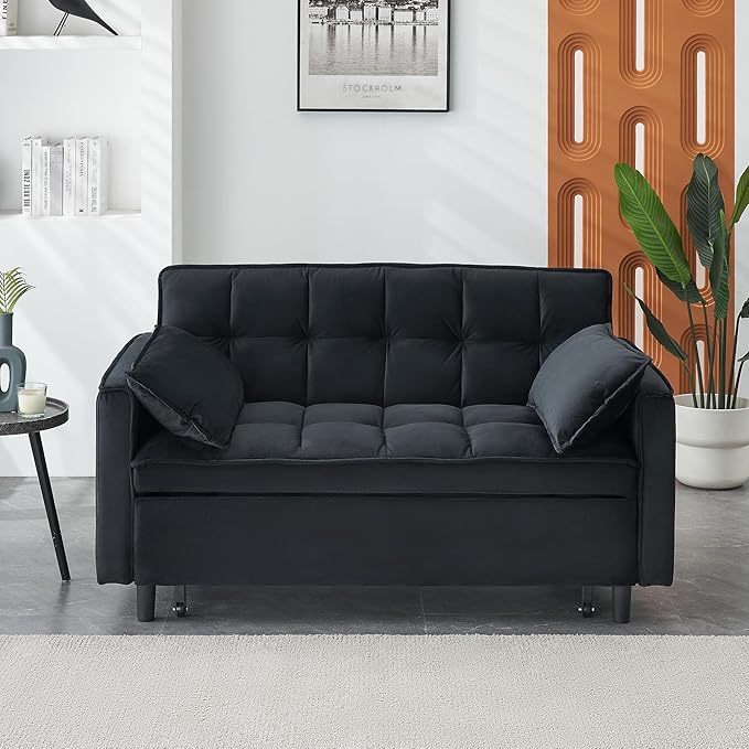 55" Modern Velvet Loveseat Sleeper Sofa, 3-in-1 Convertible Pull-Out Bed with Adjustable Backrest, 2 Pillows & Side Pockets, Small Pull Out Couch for Living Room, Apartment(Black)