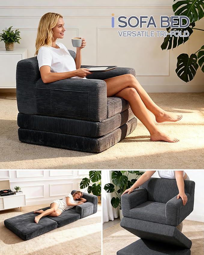 Boneless Couch Sofa Bed, Convertible Sleeper Chair with One-Piece High-Density Foam (No Lumps), Foldable Floor Mattress for Adults Guest Gaming, Non-Slip, Side Pockets, 84"x35", No Assembly