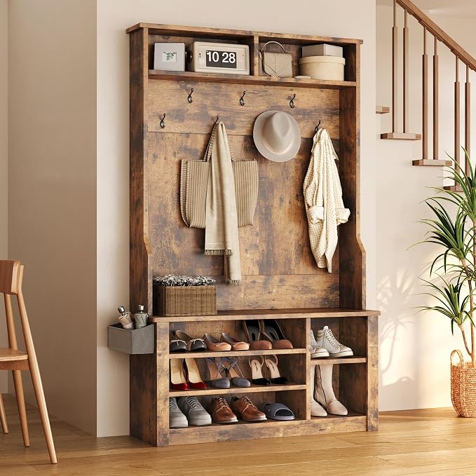Aiho Entryway Hall Tree with Bench and Storage, 3-in-1 Hall Tree with Coat Rack, Adjustable Shoe Bench, 2-Tier top Storage, for Hallway, Entryway, Bedroom, Rustic Brown - Image 7