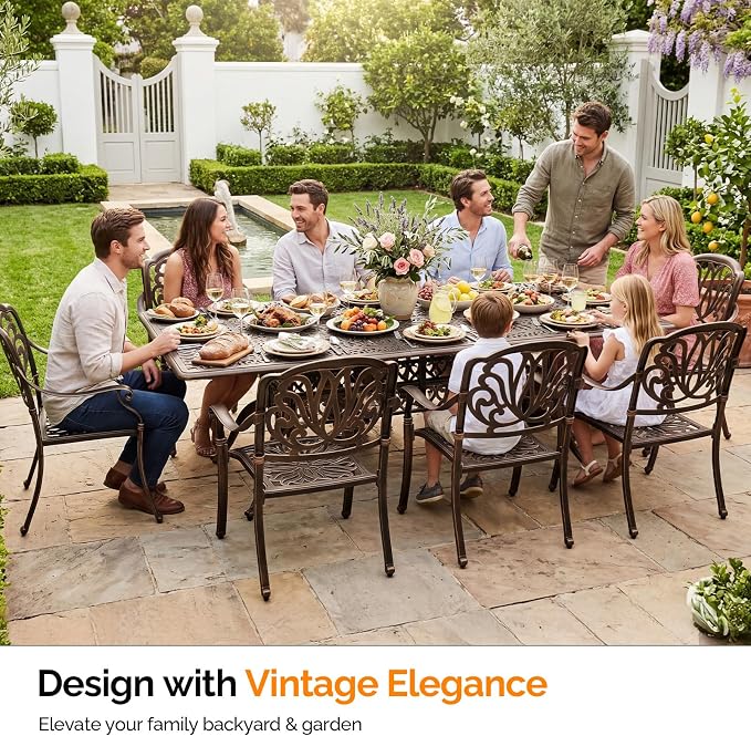 VINGLI 9-Piece Cast Aluminum Outdoor Dining Set for 8, Rectangular Patio Table with Umbrella Hole & 8 Stackable Chairs, All-Weather Garden/Poolside Furniture - Image 6