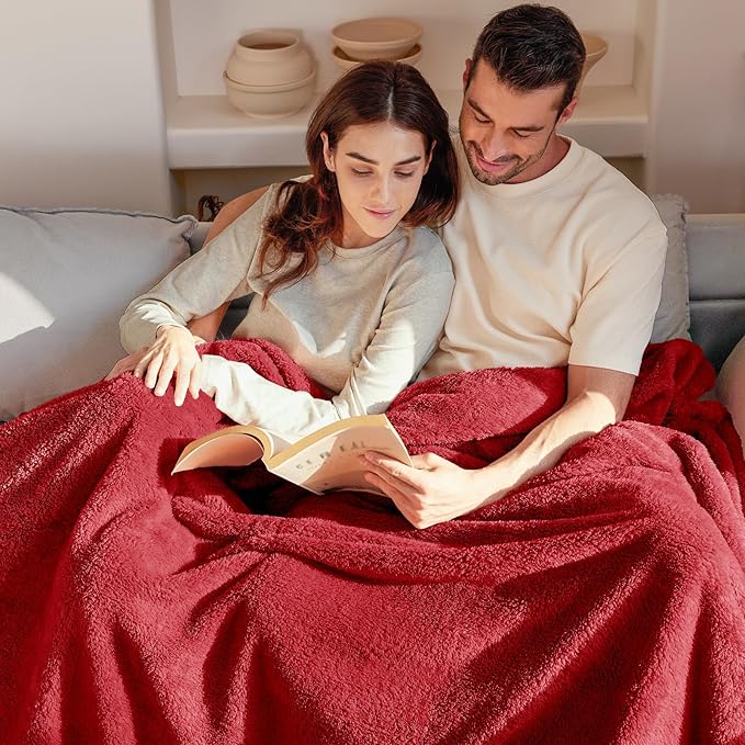 Exclusivo Mezcla Queen Size Blanket for Bed, Super Soft Velvet Plush Fleece Blankets, Fuzzy Cozy and Warm for Winter, 90x90 Inches, Deep Red