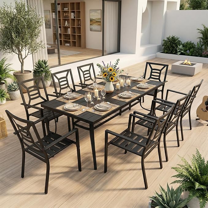 9 Piece Outdoor Patio Dining Sets, 77" Rectangular Metal Dining Table with Umbrella Hole & 8 Stackable Metal Chairs, Weather Resistant Garden Furniture Set for Backyard, Deck, Porch by VOYSIGN