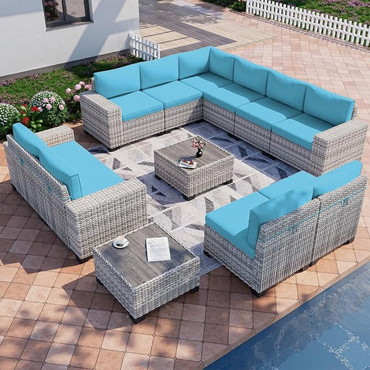 12-Piece Outdoor Patio Furniture Set Wicker Sectional Sofa Set, Patio Conversation Set with Thickened Cushions & Coffee Table for Garden, Backyard, Poolside, Turquoise