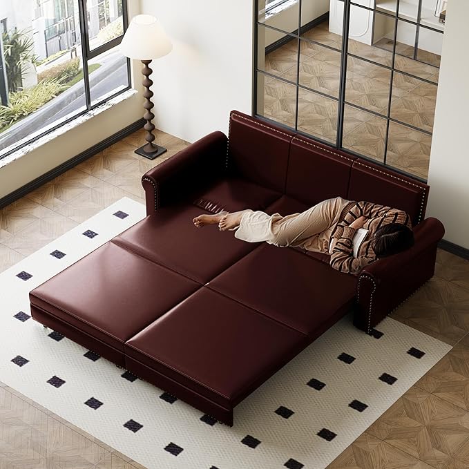 Eafurn 93.7" King Size Pull Out Sofa Bed, 3-in-1 Convertible Sleeper Sofa Couch Bed with Nailhead Decor and Rolled Arms, Faux Leather Oversized Chesterfield Loveseat Chaise Lounge