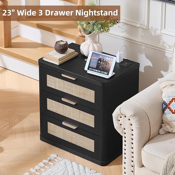 LEYAOYAO Rattan Night Stand with Charger Station, 23" Large 3 Drawer Boho Nightstand, Black Bedside Table Storage Cabinet, Bed Side End Tables for Bedroom, Living Room, Hallway - Image 8
