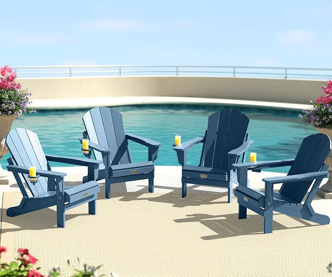 SERWALL Folding Adirondack Chair Outdoor Adirondack Chairs with Cup Holder, Weather Resistant Fire Pit Chairs for Patio - Blue - Image 2