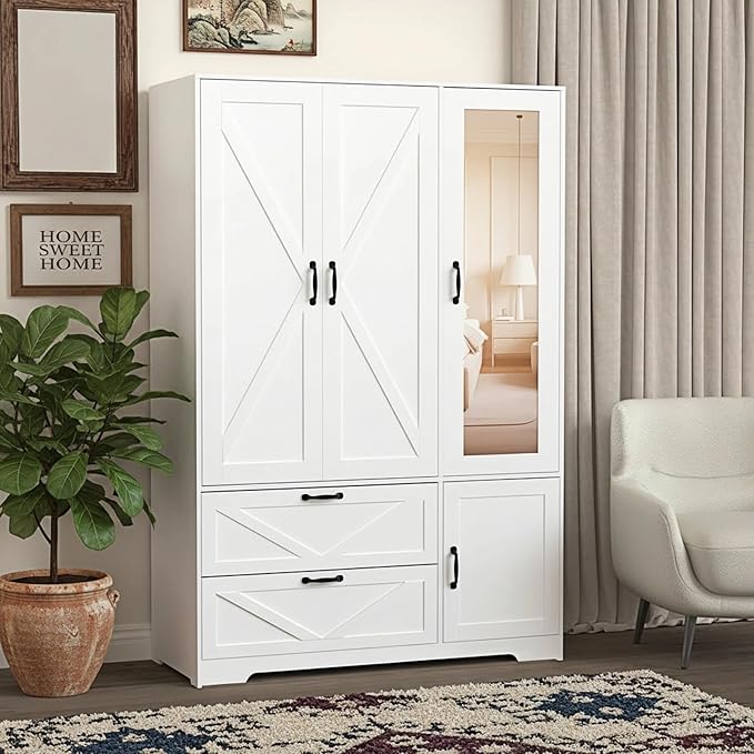 White 3 Door Wardrobe Closet with Mirror, Bedroom Armoire Wardrobe Closet with Lights, 2 Drawers, Hanging Rod and Cabinet, Large Clothes Storage Organizer, 47.2 x 19.68 x 71.65 in