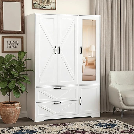 White 3 Door Wardrobe Closet with Mirror, Bedroom Armoire Wardrobe Closet with Lights, 2 Drawers, Hanging Rod and Cabinet, Large Clothes Storage Organizer, 47.2 x 19.68 x 71.65 in