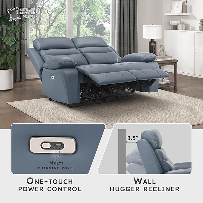 Lexicon 64" W Power Double Reclining Loveseat, with USB Charging Port, Wall Hugger Leather Match Reclining Love Seat, for Living Room, Apartment, Easy Assembly, Blue