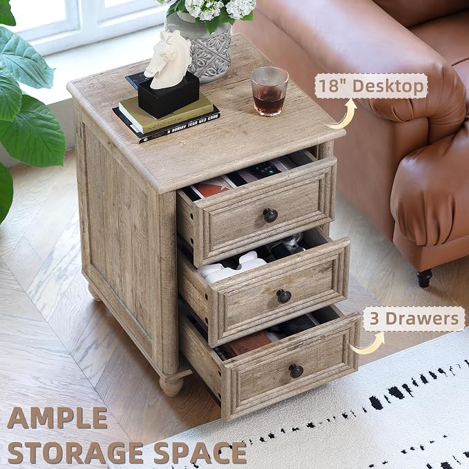 RWYHG 18" Farmhouse Nightstand with Charging Station and USB Port, Grey Night Stand with 3 Drawers, Wood Bedside End Table with Storage, Bed Side Tables for Bedroom Living Room and Closet - Image 3