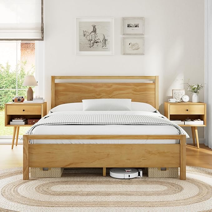 AMERLIFE 3 Pieces Solid Wood Bedroom Set, Queen Platform Bed Frame with Headboard and Fully Assembled Nightstand Set of 2 with Storage Drawer, Modern Bedroom Furniture Set, Natural