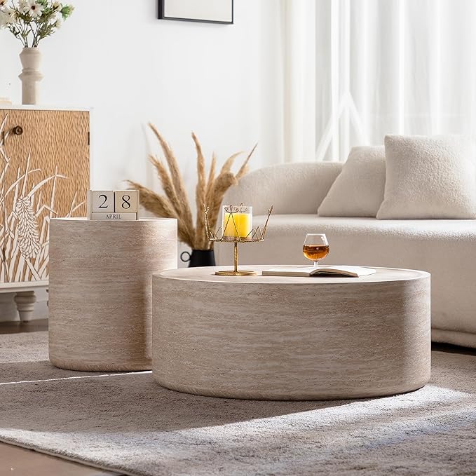 Round Coffee Table in Faux Marble, 39.37" W × 12" H Stone Coffee Tables for Living Room, Modern Drum Center MDF Vintage Design Low, Office, Apartment No Assembly Required Beige Mars