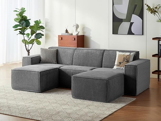 LINSY HOME Modular Sectional Sofa, 105" Boneless Couch U Shaped 3-Seat Sofa with 2 Movable Ottomans, Corduroy Sectional Cloud Couches for Living Room, No Assembly Required, Bluish Grey