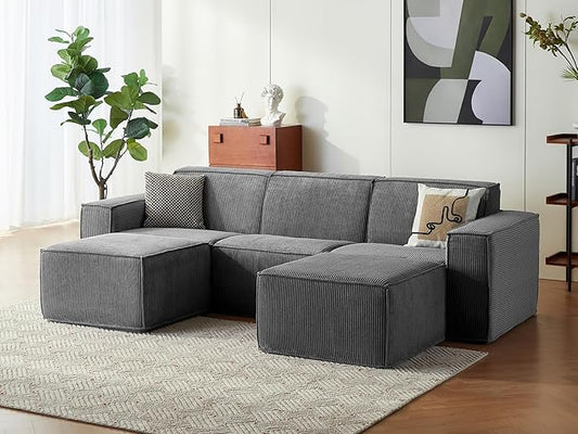LINSY HOME Modular Sectional Sofa, 105" Boneless Couch U Shaped 3-Seat Sofa with 2 Movable Ottomans, Corduroy Sectional Cloud Couches for Living Room, No Assembly Required, Bluish Grey