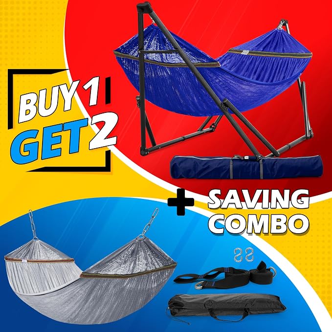 Tranquillo Combo x2 Hammocks with Stand for Outside & Tree Straps, Heavy Duty Hammock with Stand 600lbs for Indoor Outdoor Patio Backyard, x2 Hammocks for 2 Person (Combo - Blue, Medium) - Image 2