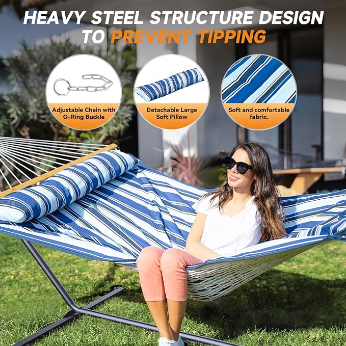 Everyfun 2 Person Outdoor Hammock with Stand, Cotton Rope Hammock with Polyester Pad, Adjustable Steel Frame, Portable with Carrying Bag – for Patio, Backyard, Garden, Beach, Blue - Image 5