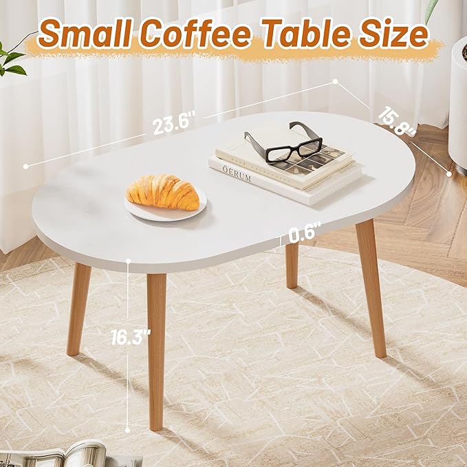 Coffee Table Low Table with Solid Wood Legs, Small Oval Coffee Table Side Table, Floor Table Desk for Sitting on The Floor, Storage and Living Room Furniture for Office Apartment Home, White