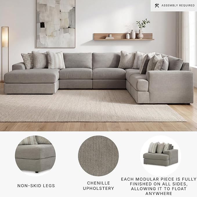 Signature Design by Ashley Avaliyah Contemporary Right-Arm Facing 6-Piece Sectional with Armrest, Throw Pillows and Reversible Cushions, Gray