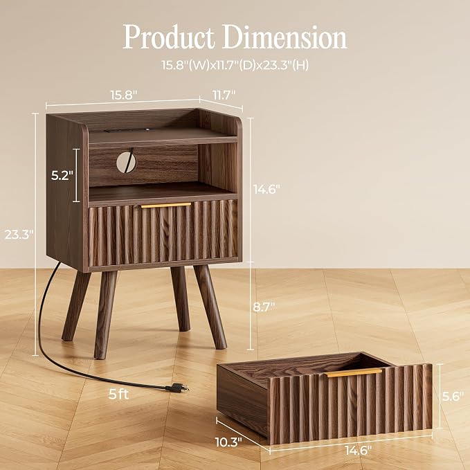 Huuger Nightstand with Charging Station, USB-C Port, Fluted Night Stand Set of 2, Bed Side Table with Drawer, Solid Wood Feet, Open Storage, End Table with Raised Edge, for Bedroom, Walnut - Image 2