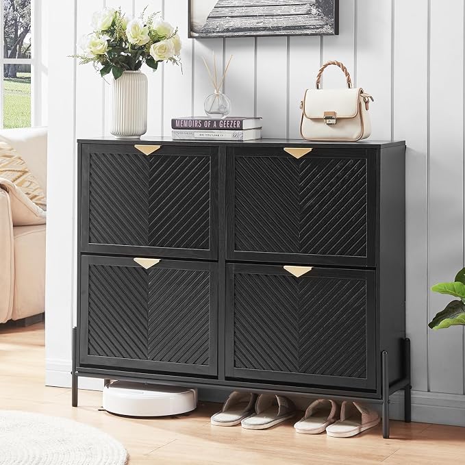 Shoe Cabinet Storage with 4 Flip Drawers, Narrow Hidden Shoes Organizer Cabinet for Entryway, Freestanding Slim Shoe Rack Front Door Entrance(Black) by VIPLUMI