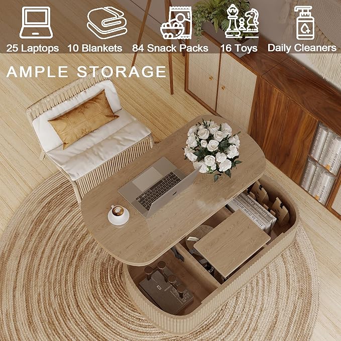 Lift Top Coffee Table with Large Storage,Lifting Converts to Dining Table,Oval Pop Up Coffee Table Fluted Wood Center Table for Living Room,Fully Assembled Space-Saving for Eating&Laptops