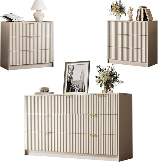 MAISONARIA 3 Piece Dresser Bedroom Set, 7 Drawer Dresser & 3 Drawer Nightstands with Gold Handles, Fluted Wood Chest of Drawers for Bedroom, Living Room, Entryway, Beige