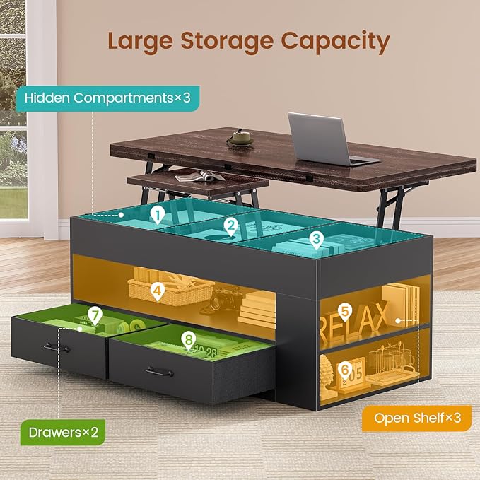 Itaar Lift Top Coffee Table, 4 in 1 Coffee Tables with Storage and Hidden Compartment, Farmhouse Coffee Table with 2 Fabric Drawers & LED Light for Living Room, Black