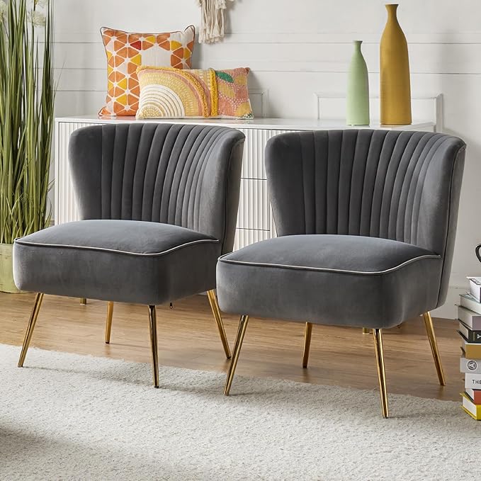 HULALA Home Velvet Accent Chair Set of 2, Modern Armless Upholstered Side Chair with Glam Gold Metal Legs for Vanity Living Room Bedroom - Grey