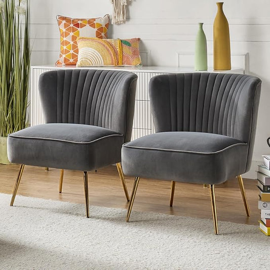 HULALA Home Velvet Accent Chair Set of 2, Modern Armless Upholstered Side Chair with Glam Gold Metal Legs for Vanity Living Room Bedroom - Grey