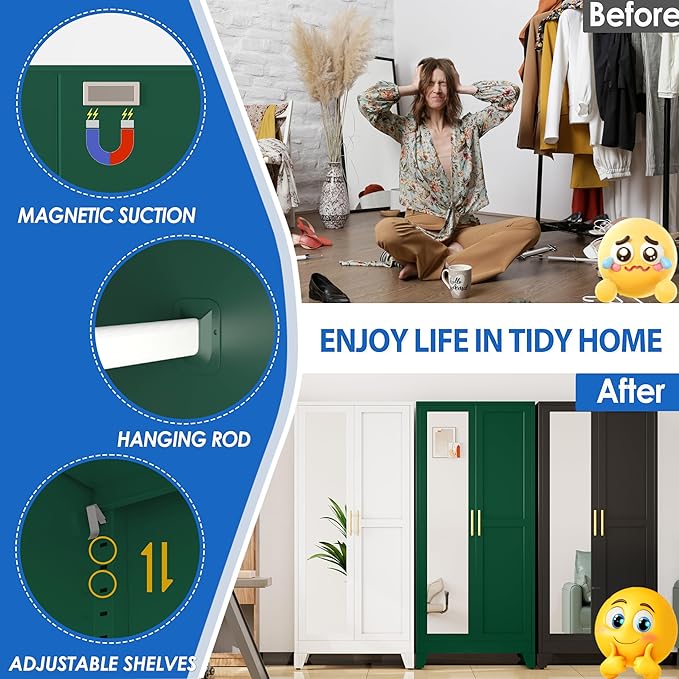 GAIOUS Metal Wardrobe Cabinet with Mirror and Hanging Rod, 71" Metal Clothing Storage Cabinets with 2 Doors and Adjustable Shelves, Green Armoire Wardrobe Closet for Bedroom, Laundry Room, Cloak Room