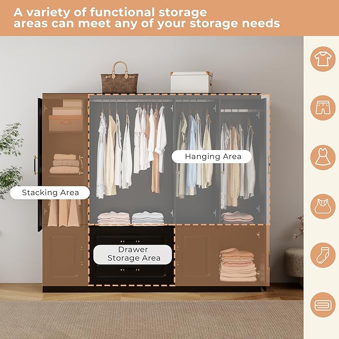 GraceGrove Armoire Wardrobe Closet with Mirror and 2 Drawers, Bedroom Cabinet with 5 Doors and Hanging Rods, Wood Wardrobe Closet with Large Storage, Armoires and Wardrobes for Bedroom Black