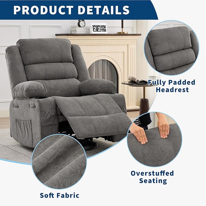 Rocking Recliner Chair for Adults Wide 360° Swivel Rocker Recliner with Cup Holder Nursery Glider with Upholstered Deep Seat Linen Lazy boy Chair for Living Room Grey