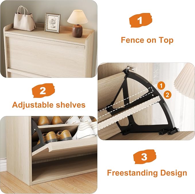 GarveeHome Shoe Cabinet with 3 Flip Drawers, Wooden Shoe Organizer Cabinet with Adjustable Shelf, Shoe Storage for Entryway, Hidden Shoe Cabinet for Hallway, Living Room, Natural Oak - Image 6