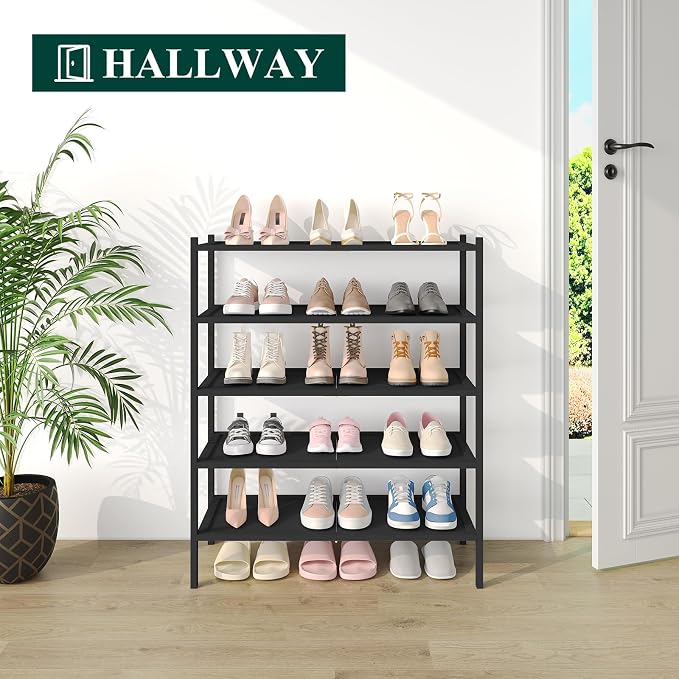 Smiry Bamboo Shoe Rack, 5 Tier Shoe Organizer for Entryway & Closet, Stackable Free Standing Storage Shelf for Shoes, Bags & Plants, Black - Image 4