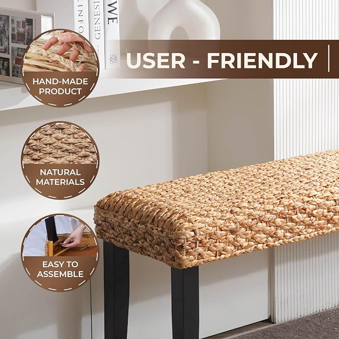 Solid Wood Acacia Indoor Bench with Natural Woven Seat, Boho Bench Entryway, Wood Bench for Living Room, Wooden Bench for Bedroom, Farmhouse Entryway Bench, Dining Benches (Black, Water Hyacinth) - Image 5