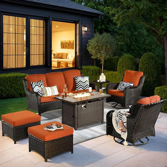 HOOOWOOO Patio Furniture Set,7 Piece Outdoor Furniture Set with Fire Pit Table,Wicker Patio Conversation Couch Swivel Chairs Ottoman Set,Orange Red