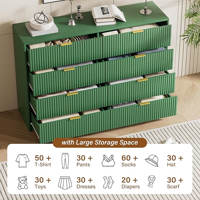 Furniway Green Dresser Bedroom Set 3 Pieces, Nightstands Sets of 2, 8 Drawer Dresser with Gold Handles for Bedroom